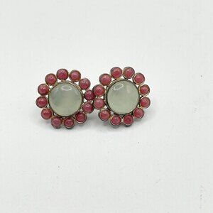 Tous Nephrite Jade Rose Pink Jade .925 Sterling Halo Stud Gem Pierced Earrings